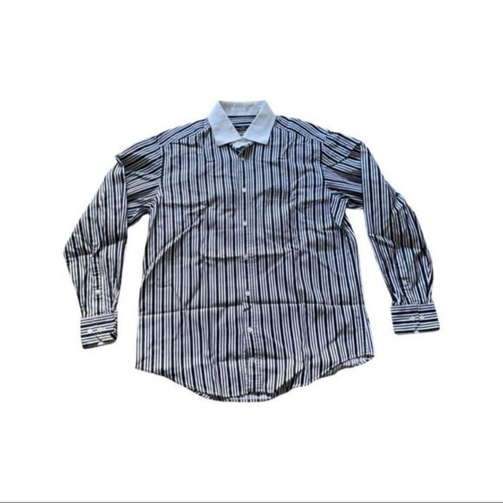 Bugatchi Large Black Striped Bankers Collar Casual Shirt